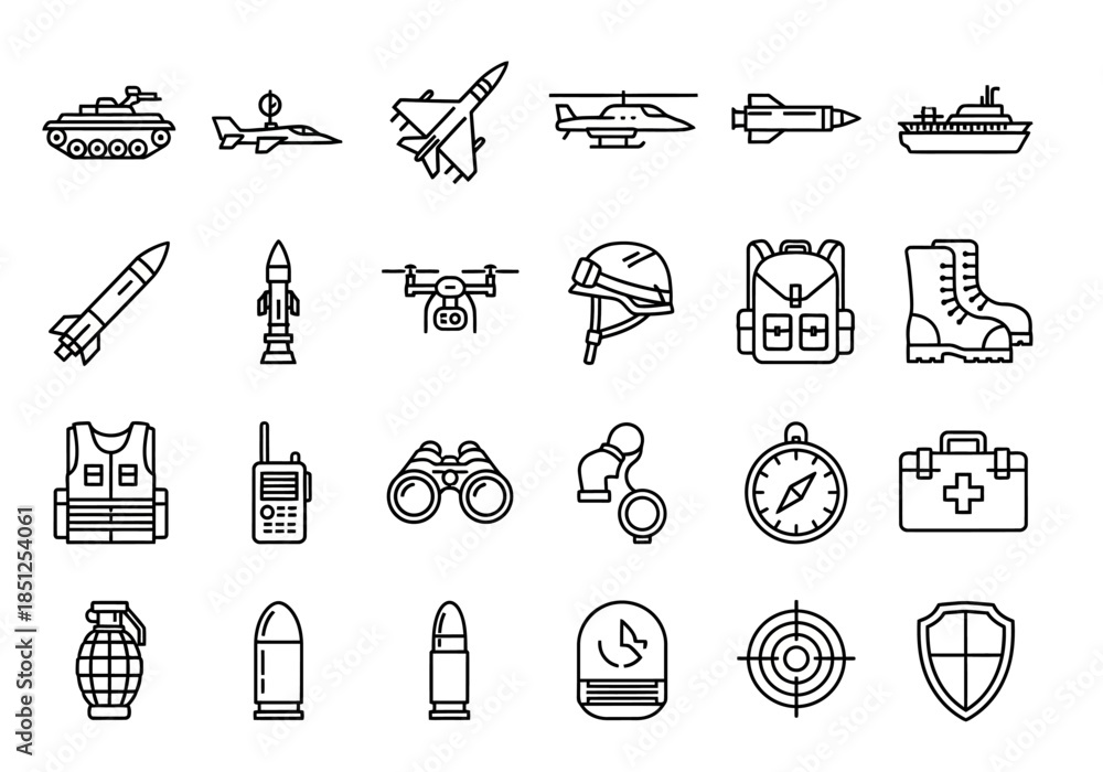 Fototapeta premium Collection of military and adventure icons in a grid layout on a white background