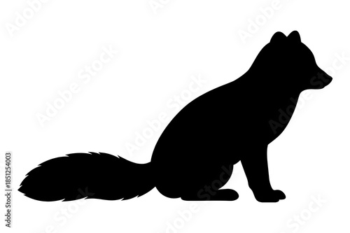Simple black silhouette vector graphic of a sitting arctic fox isolated against a white background
