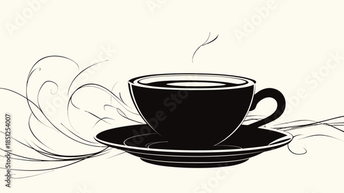 Elegant black cup with steam and artistic swirls