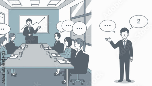 Corporate illustration depicts business meeting for communication and brainstorming session