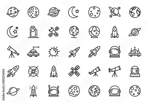Collection of space-themed icons featuring planets, rockets, and telescopes in a grid layout