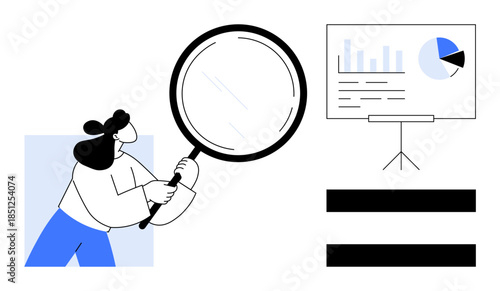 Woman holding magnifying glass analyzing data on screen with bar graph and pie chart. Ideal for research, analysis, statistics, business strategy, education, communication, innovation. Simple flat