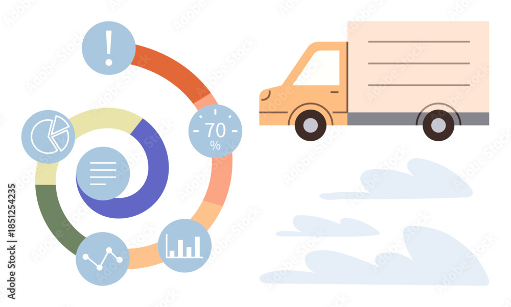 Fototapeta premium Delivery truck beside circular infographic with progress metrics, charts, and data visuals. Ideal for logistics, efficiency, analysis, business processes, supply chain, planning simple flat metaphor