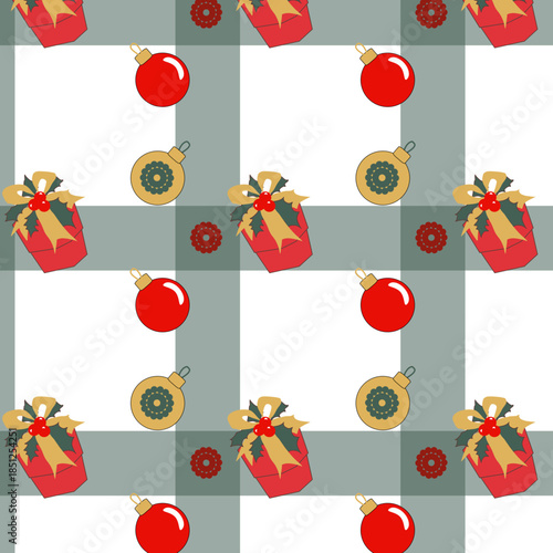 Pattern con palline di Natale, regali su sfondo a quadri verdi