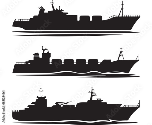 Military ships in silhouette style with black color on white background for maritime transportation