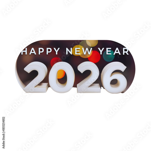 Bright white bold text reads Happy New Year 2026 against a blurred colorful bokeh background