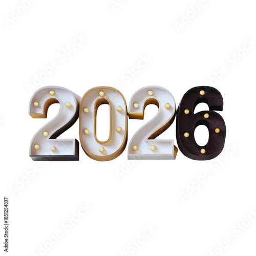 Brightly lit white and gold marquee numbers for the year 2026 against a dark background