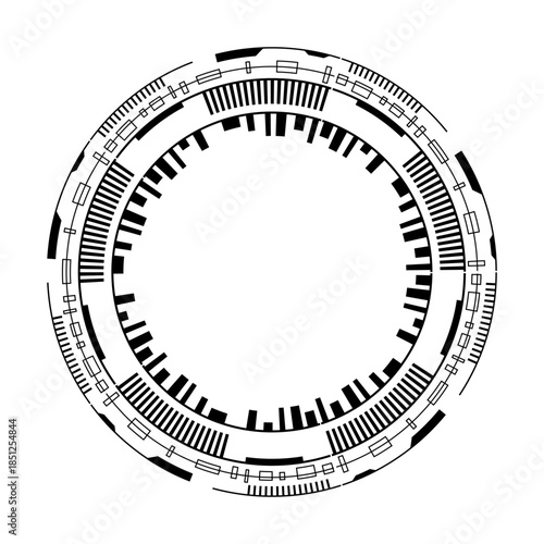 Intricate black and white futuristic circle frame design, perfect for tech and innovation themes and backgrounds.