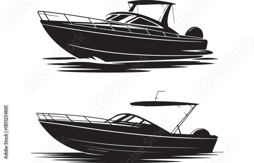 Luxury Speedboat Silhouette in Modern Minimalist Design with Dramatic Black and White Contrast on Isolated White Background for Marine Industry
