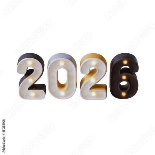 Decorative light up digits forming the numerical year 2026 glow brightly in the darkness