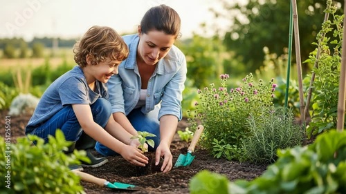 Wallpaper Mural Woman and child planting a small green plant in a garden with soil and flowers around them outdoors Torontodigital.ca