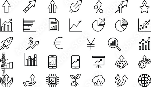 Business growth and financial analytics line icons set showing charts, strategy, investment, startup success, data visualization, marketing performance symbols