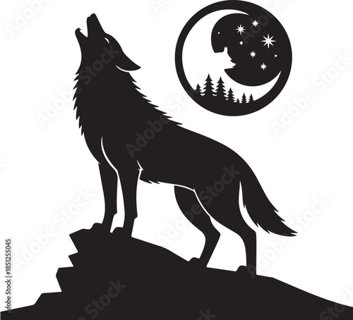 Lone wolf silhouette howling at crescent moon with forest landscape in mystical night sky for wildlife conservation