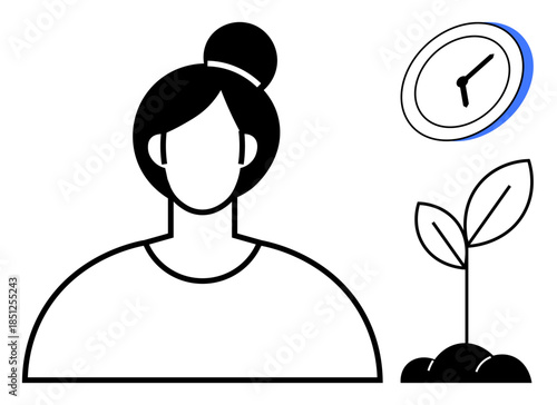 Personal development, time management, sustainable growth, ecological awareness, career growth, entrepreneurship. Black-and-white woman silhouette, clock and plant. Personal development and time