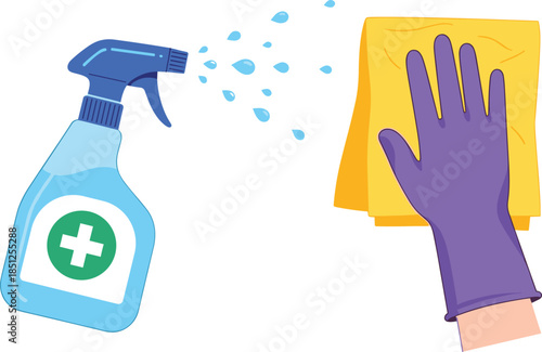 Cleaning spray bottle, disinfectant droplets, hygiene concept, gloved hand, yellow cloth, sanitizing action, household cleaning vector art
