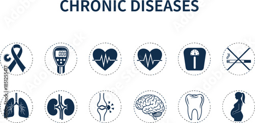 Chronic disease icons, health condition symbols, medical awareness, vector illustration, public health concept, healthcare infographic, diagnostic signs