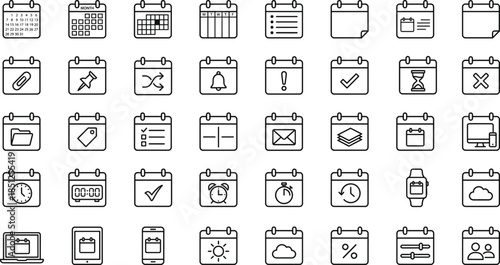 Calendar line icons set with schedule planner reminders time management tasks events notifications productivity organization outline symbols