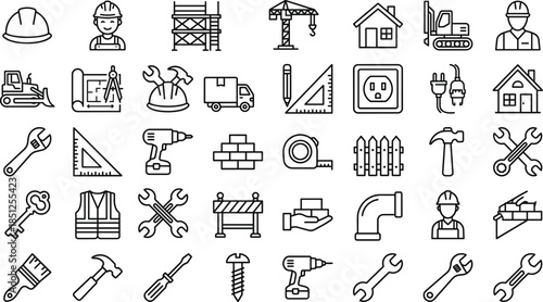 Construction line icons set with tools, workers, building equipment, home repair symbols, industrial scaffolding, crane, helmet, engineering elements