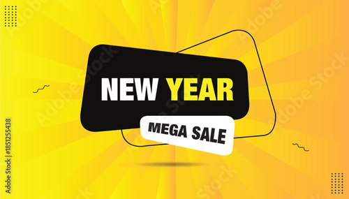 New year mega sale banner editable eps format template design with black and white shapes with yellow and orange background