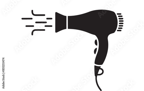 Black Hair Dryer Silhouette with Hot Air in Simple Flat Design on White Background for Salon Use