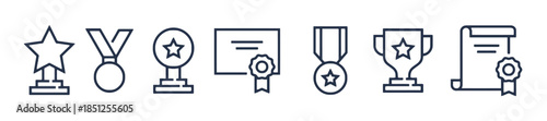 Achievement Award Medal Certificate and Trophy Icon Set with Star Medal Ribbon and Diploma for Success and Recognition Concept