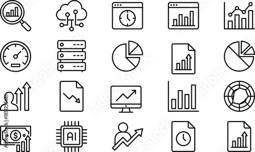 Data analytics line icons set with cloud charts dashboards statistics business reporting visualization metrics performance ai growth, finance, analysis, outline