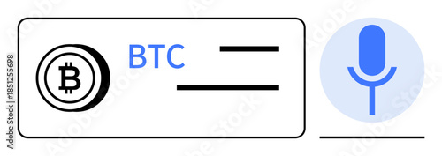 Cryptocurrency, blockchain payments, voice commands, digital finance, online transactions, fintech innovation. Bitcoin symbol and microphone icon. Cryptocurrency and blockchain payments concept