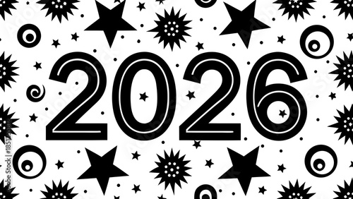 A festive image showcases "2026" amidst stars, circles, and bursts, set against a white background. This black and white graphic conveys a celebratory or New Year's theme.

