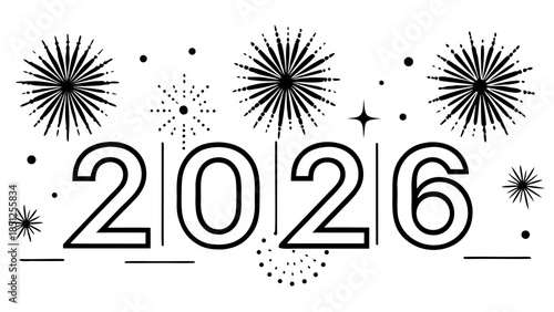 A festive black and white image spells "2026," surrounded by fireworks. This image is likely a celebratory graphic for the upcoming year 2026.

