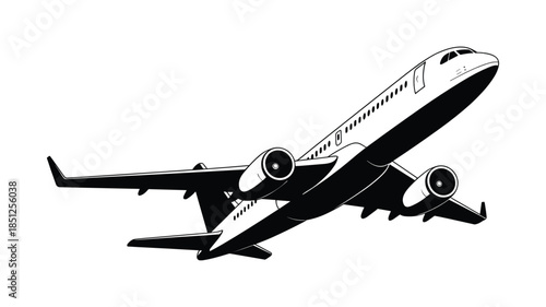 Black and white silhouette of a commercial airplane in flight viewed from below and the side aircraft