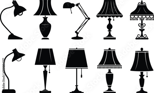A diverse collection of black silhouette vector icons representing various table lamps, desk lights, and modern or vintage interior lighting on a white background