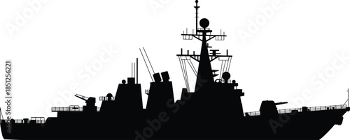 A black silhouette vector illustration of a modern navy guided-missile destroyer warship for military naval and defense designs isolated