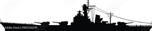 Black Battleship Silhouette Vector Isolated on White Background, Military Warship Icon, Navy Vessel Illustration, Destroyer Side View for Graphic Design