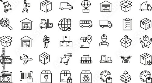 Logistics delivery line icons set with shipping warehouse transport boxes courier supply chain distribution outline symbols ecommerce, freight, tracking, management