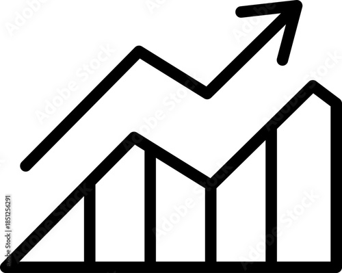Growing bar graph icon with arrow going up. Financial success and profit growth symbol. Business development and progress chart. Market trend and data analysis vector illustration. Isolated vector