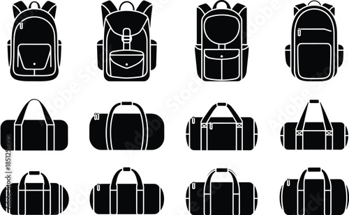 Black silhouette set of travel backpacks and duffel bags icons, luggage equipment collection for outdoor adventure, hiking gear, sports accessories