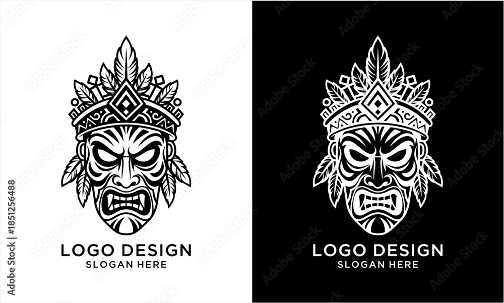 Fototapeta premium Intricate Tribal Mask with Feathers and Aggressive Expression.