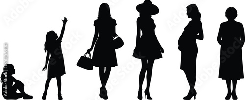 Female life stages silhouette, aging progression, childhood to senior, motherhood concept, black white vector, woman development illustration