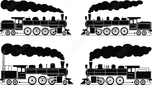 Collection of black silhouette vector icons featuring various vintage steam locomotives, passenger train engines, and historical railway transportation on a white background