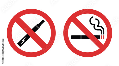 No Electronic Cigarette and No Smoking Signs on White Background Keywords: no smoking, no vaping, electronic cigarette, e-cigarette, cigarette, smoking, vape, prohibited, forbidden, ban, red