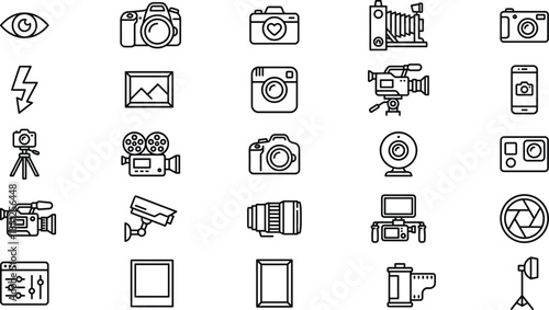Photography video line icons set with camera lenses tripod studio lighting media production outline symbols collection digital professional design