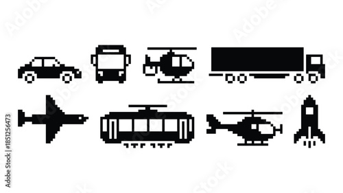Pixel art collection of various transportation vehicles including cars, buses, helicopters, trucks, airplanes, trams, and rockets