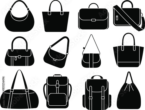 Diverse collection of stylish black vector silhouette icons featuring various types of handbags, briefcases, backpacks, and travel luggage on white background
