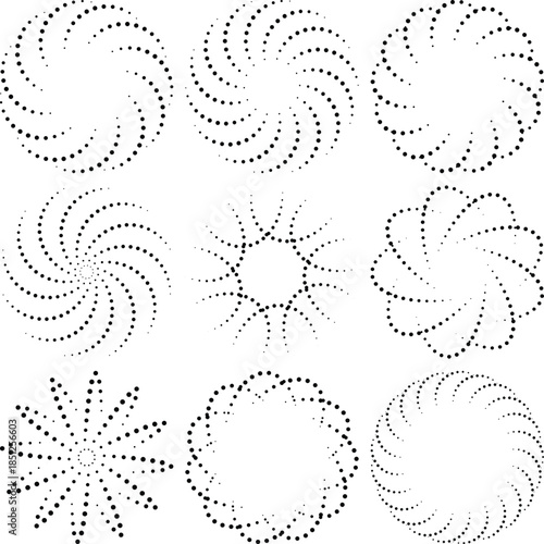 Black spiral dot patterns, abstract geometry, circular symmetry, generative art, radial design, minimal aesthetics, mathematical curves, visual rhythm, digital composition