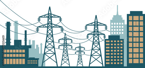 High voltage power transmission network crossing industrial factories and urban skyline with transmission towers and overhead lines illustrating energy distribution infrastructure