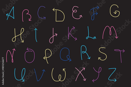 Hand Drawn Alphabet Letters Made of Colorful Neon Arrows on Dark Background with Playful Educational and Creative Mood