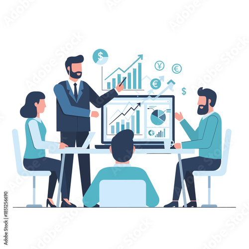 Business team analyzing data on computer.