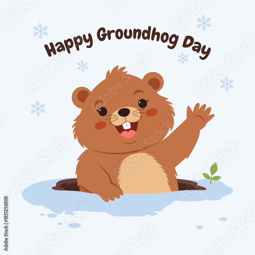 Groundhog day. Cute groundhog popping out of its burrow in the snow, smiling and waving paw.Winter landscape background.