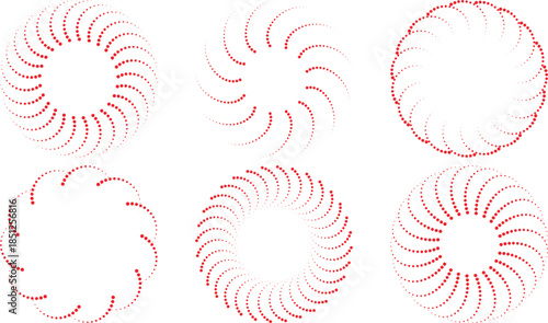 Red spiral dot patterns, abstract geometry, circular symmetry, mathematical design, generative art, modern minimalism, visual rhythm, parametric curves, digital aesthetics