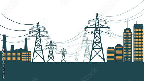 High voltage transmission towers and power plant, overhead lines stretching from industrial factories to urban skyline illustrating electricity distribution infrastructure